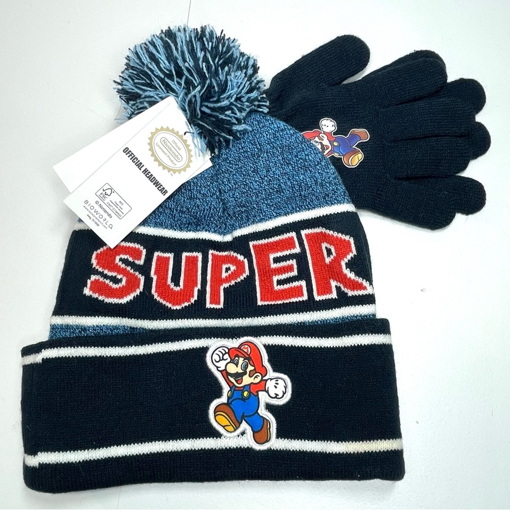 NWT SUPER MARIO Knit Stocking Hat & Gloves Blue Red Toddler Size